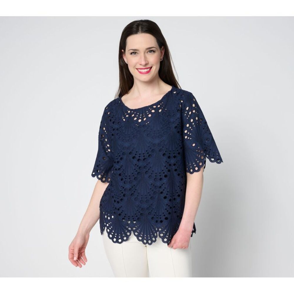 BEAUTIFUL by Lawrence Zarian Women's Top Sz L Tropical Eyelet Knit Blue A693047